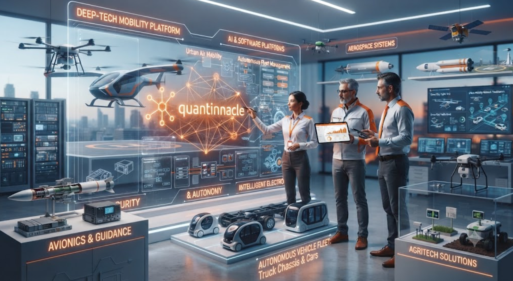 A high-tech research facility with a holographic display of drones, rockets, and autonomous vehicles, with four professionals analyzing data and discussing advancements in deep-tech mobility, AI platforms, aerospace systems, and agritech solutions.