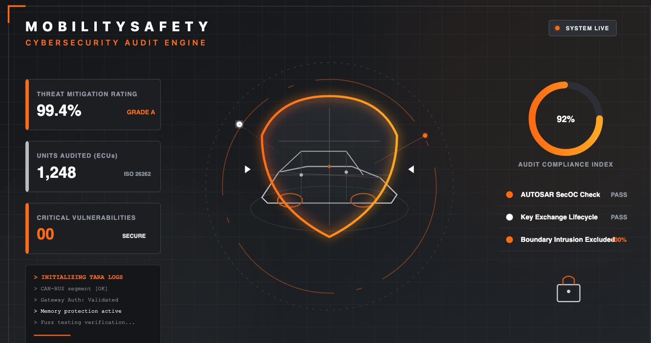Cybersecurity dashboard with a shield graphic at the center, displaying threat mitigation rating at 99.4%, 1,248 units audited, and zero critical vulnerabilities. It features an audit compliance index at 92%, a circular progress indicator, and status indicators for system checks, key exchange lifecycle, and boundary intrusion status. The interface has a dark grid background, orange highlights, and various status icons.