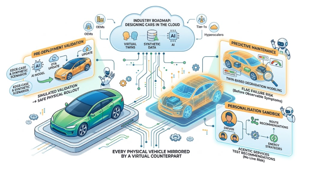Diagram illustrating the process of designing cars in the cloud, highlighting industry roadmap, pre-deployment validation, predictive maintenance, and personalization sandbox, with virtual and physical vehicle interactions.