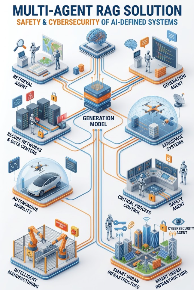 Diagram of multi-agent rag solution for AI safety and cybersecurity, including components like retrieval agent, generation agent, secure networks, aerospace systems, autonomous mobility, intelligent manufacturing, critical process control, smart urban and urban infrastructure, with a central generation model connected to all.
