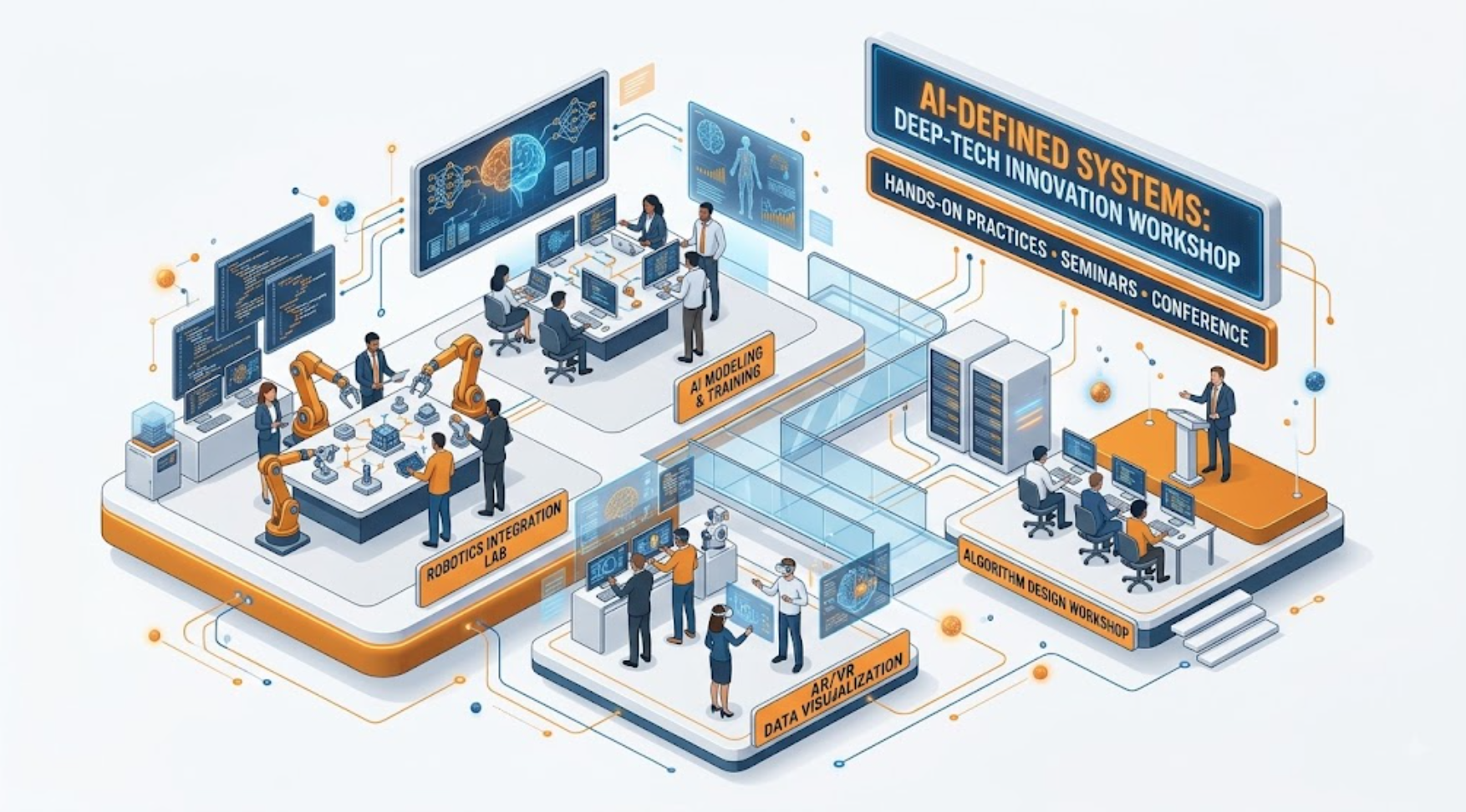 Infographic illustrating a deep tech workshop focused on AI systems, featuring sections for AI modeling and training, robotics integration lab, data visualization using AR/VR, and algorithm design workshop, with participants working on computers and robotic arms.