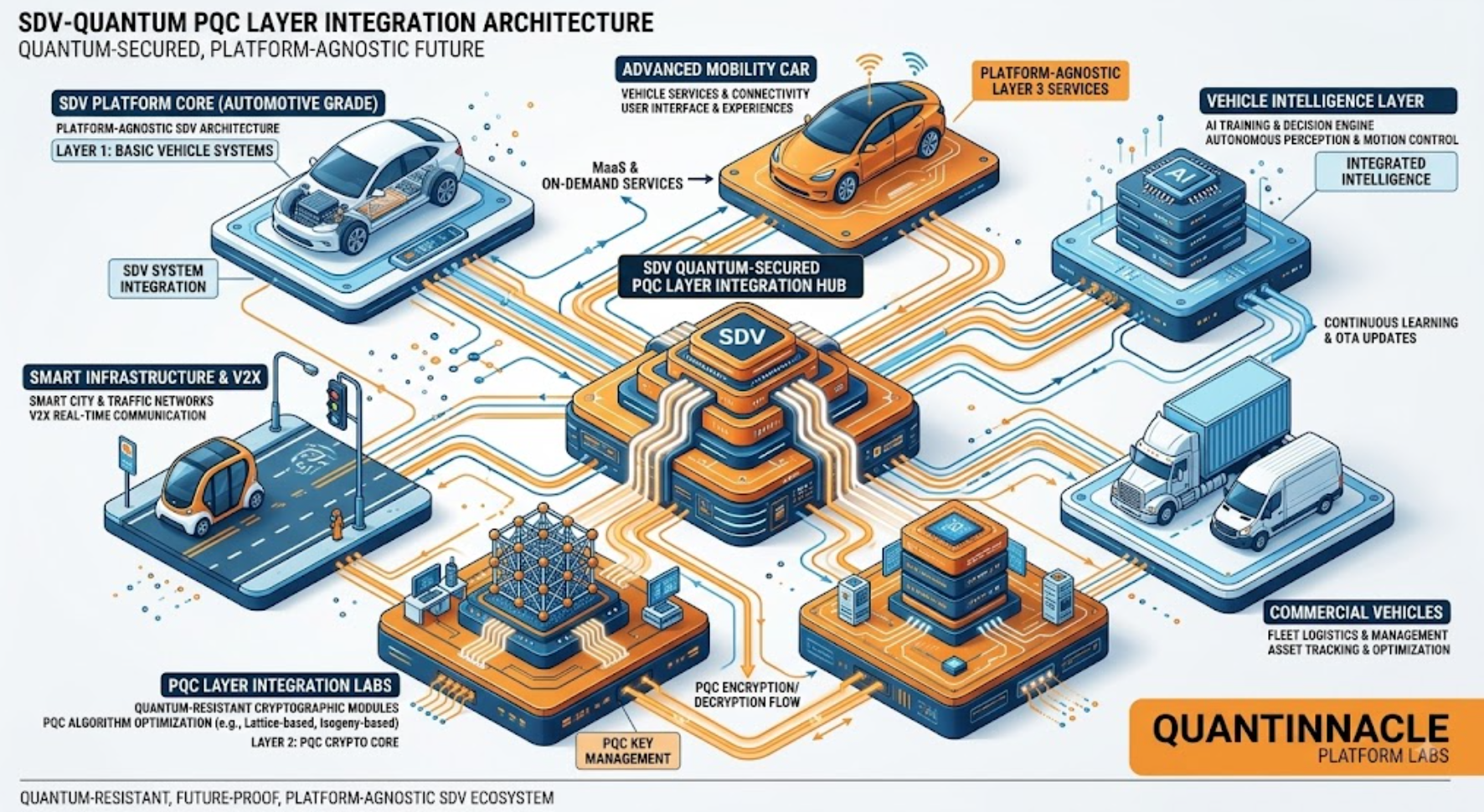 Diagram of SDV-Quantum PCQ Layer Integration Architecture, showing interconnected components like smart infrastructure, AI-driven vehicle layers, secure cryptographic modules, and vehicle platforms in a schematic layout with labels and flow lines.