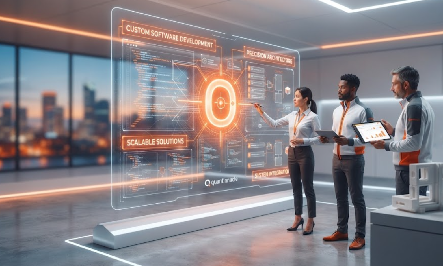 Three professionals in a modern office, analyzing a holographic display of a digital interface with terms like 'Custom Software Development,' 'Scalable Solutions,' and 'System Integration,' during sunset with city skyline in the background.