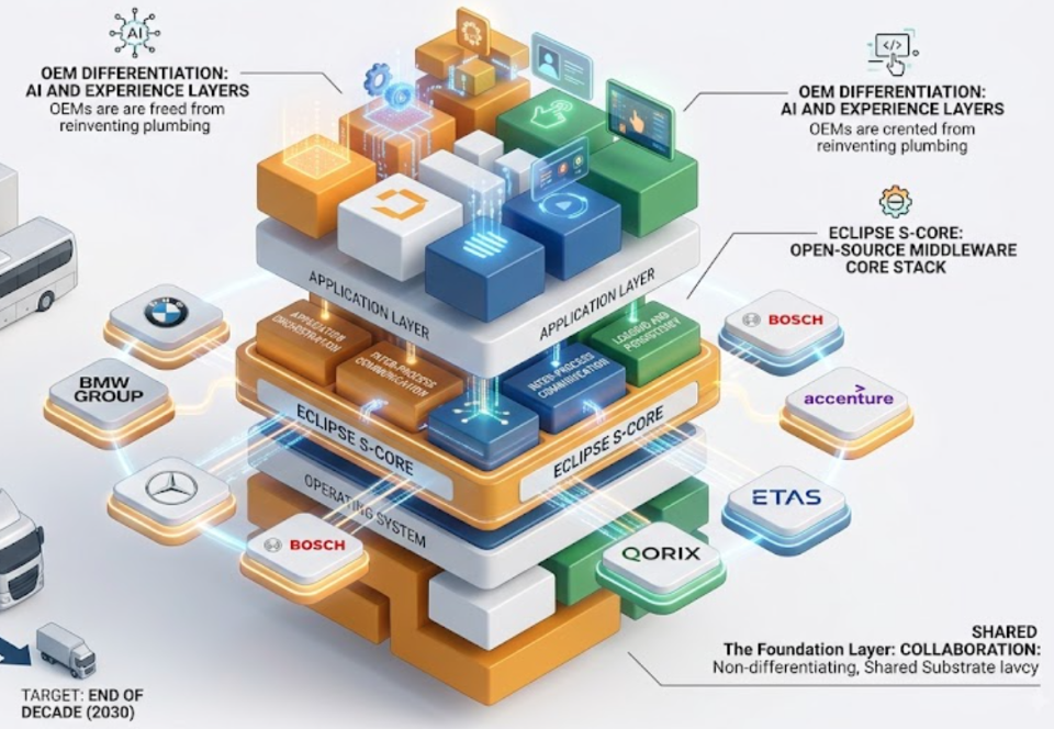 Diagram of a layered automotive software architecture with companies like BMW, Mercedes-Benz, Bosch, ETAS, QORIX, and Accenture, showing application, middleware, and foundation layers for automotive innovation.