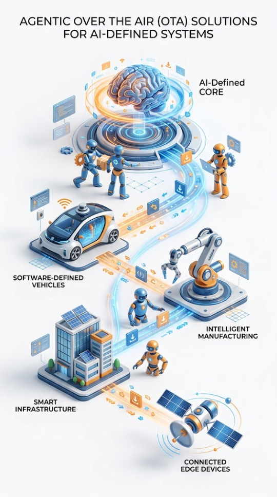 Diagram illustrating AI and IoT ecosystem with components like AI-defined core, intelligent manufacturing, smart infrastructure, connected edge devices, and software-defined vehicles, connected by data streams and robotic automation.