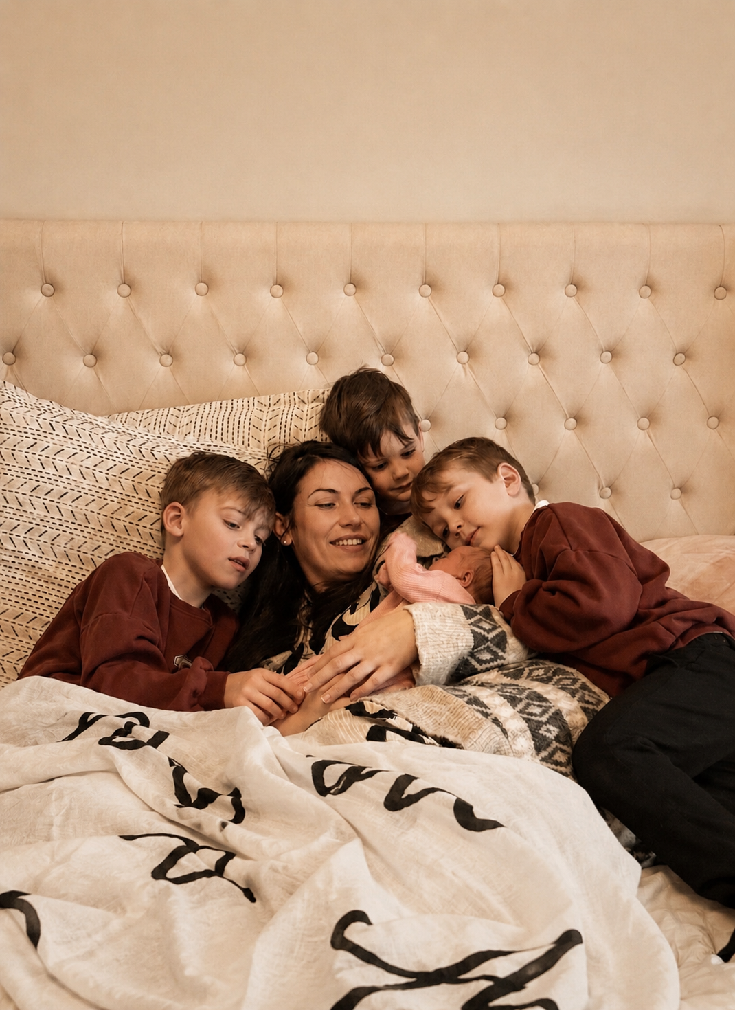 A mother, lying in bed with 3 young boys gathered around her and a newborn  girl is in her arms.
