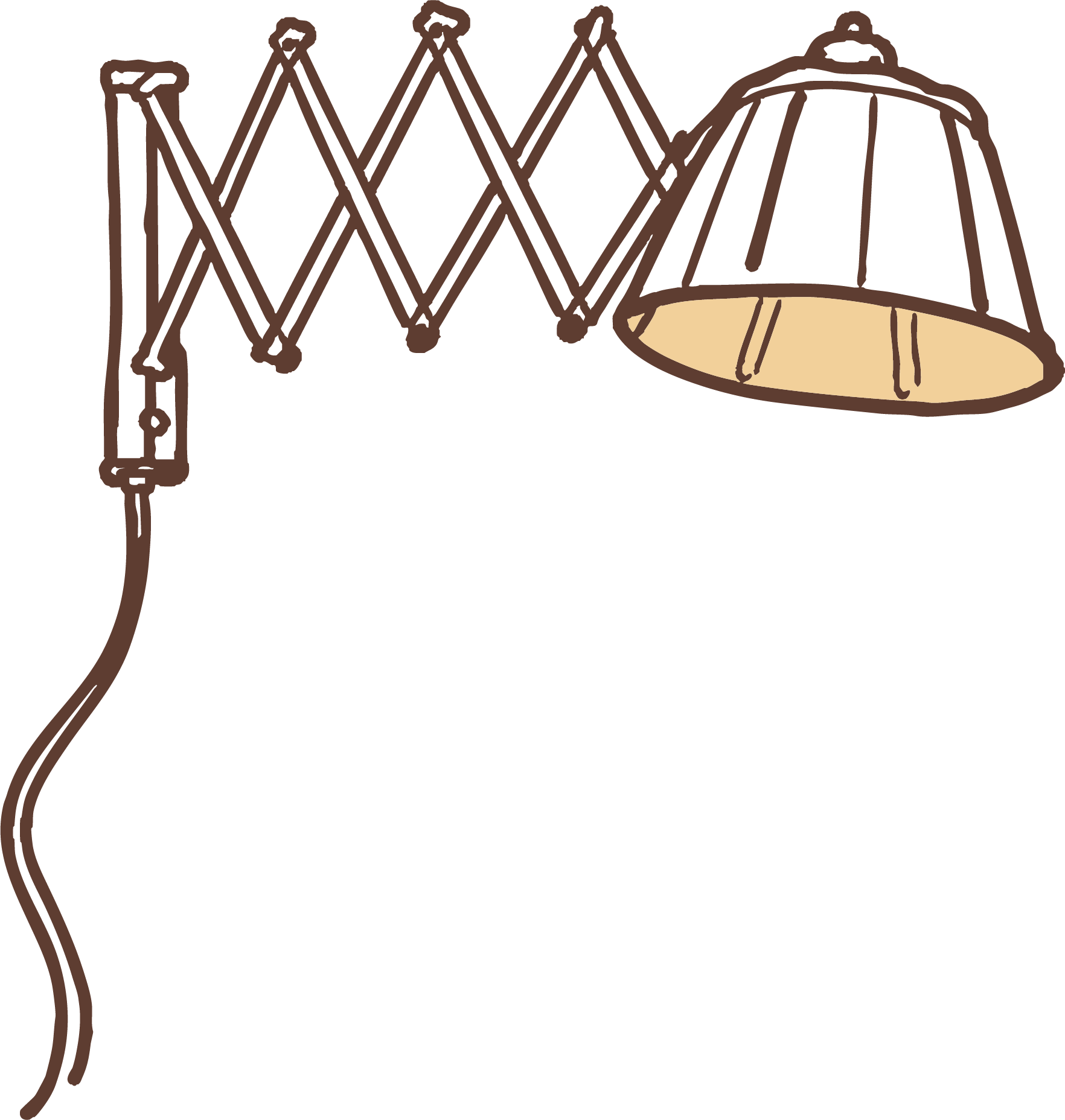 Illustrasjon av en justerbar gulvlampe med en stor, rund skjerm i dukketeaterstil.