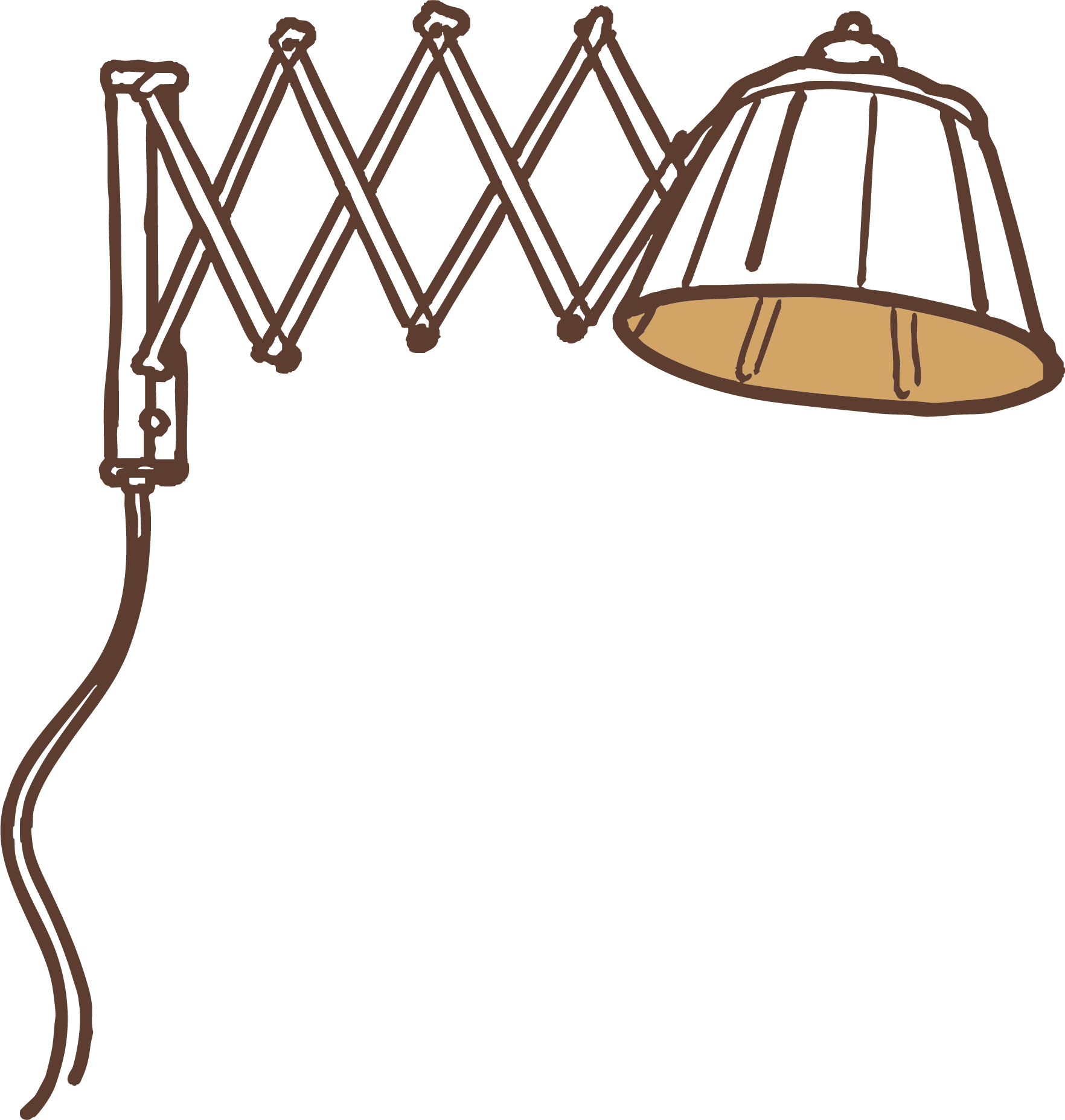 En illustrasjon av en justerbar vegglampe med uttrekkbar arm i brunt.