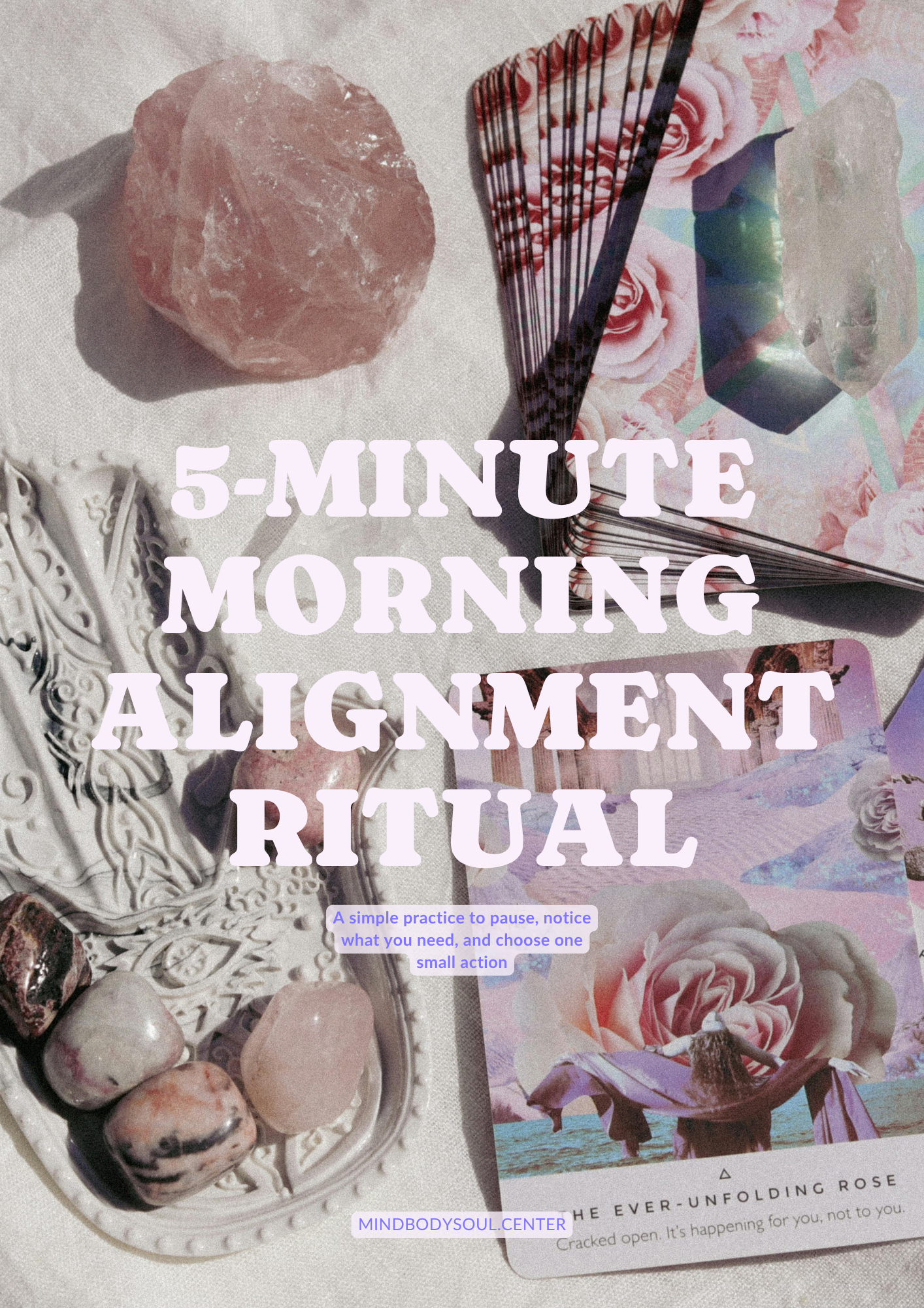Cover of "5-Minute Morning Alignment Ritual" downloadable guide with crystals and tarot cards
