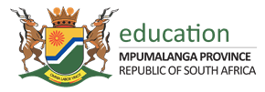 Seal of the government of Mpumalanga Province, South Africa, featuring two animals, a sun, and a mountain, with the words 'education' and 'Mpumalanga Province, Republic of South Africa'.