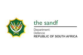 Logo of the South African Department of Defence, featuring a green and gold emblem with a white protea flower and yellow accents, alongside the text 'the sandf' and 'Department: Defence, REPUBLIC OF SOUTH AFRICA'.
