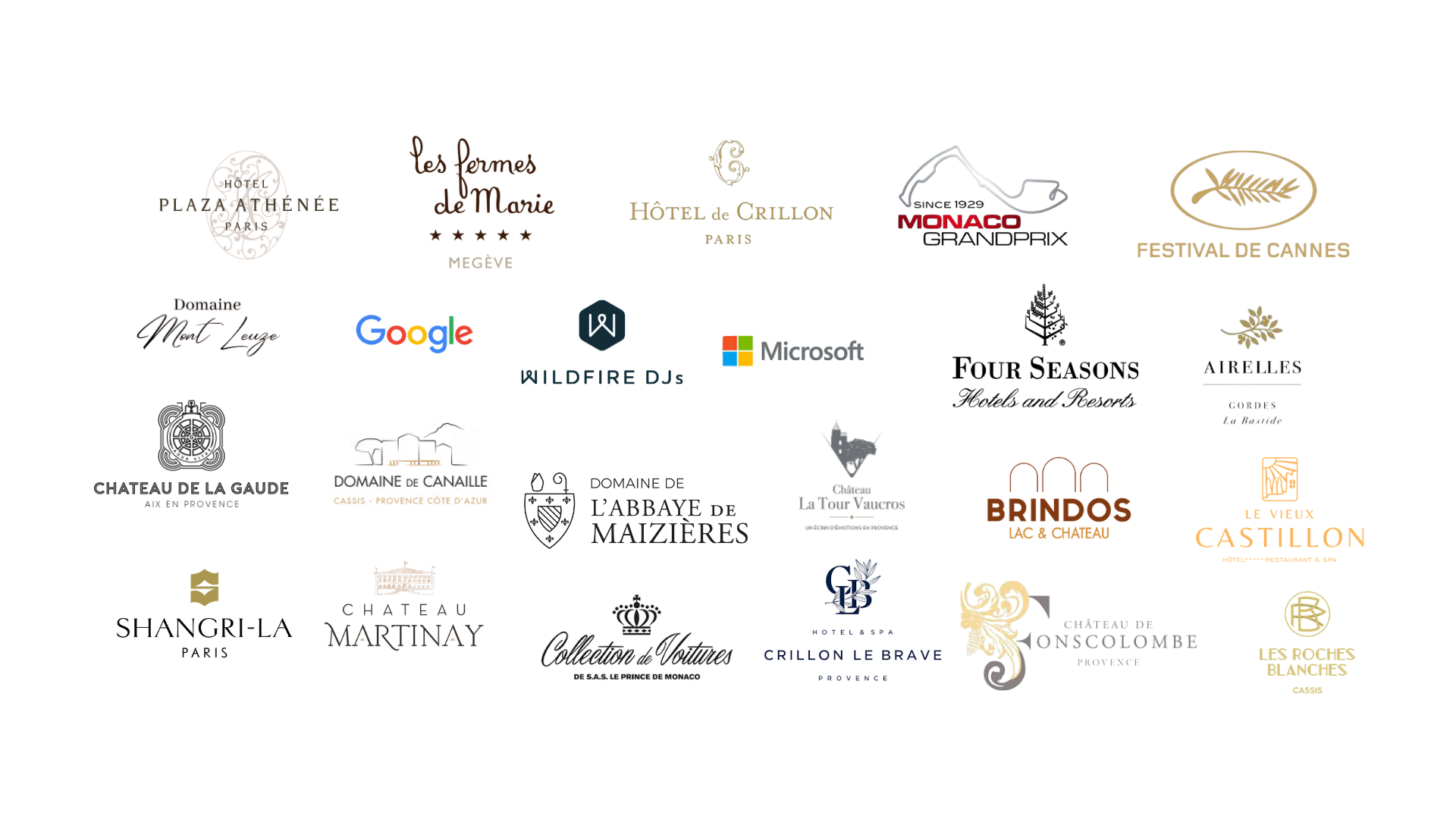 A collection of logos for various hotels, resorts, vineyards, and brands, arranged in rows against a white background.