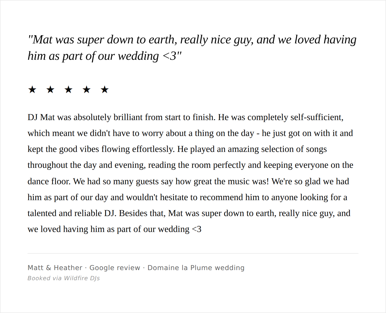 Screenshot of a Google review written by Matt and Heather about Domaine la Plume wedding, describing a DJ named Mat, his performance, and their positive experience.