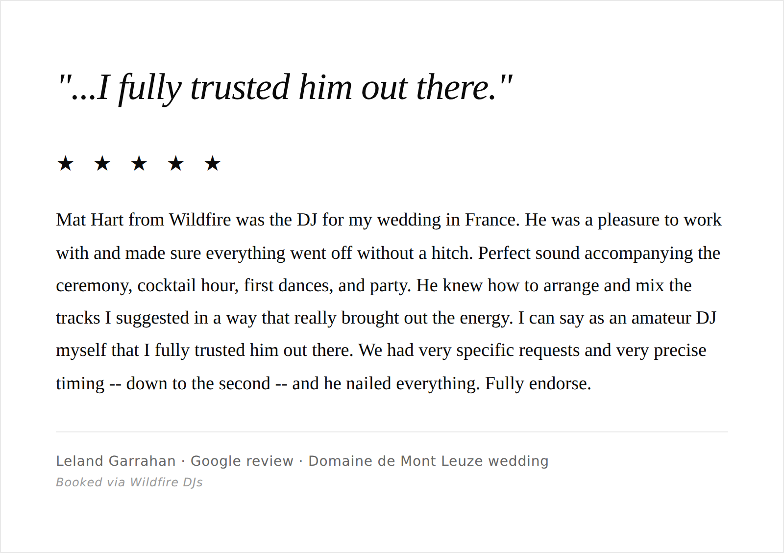 A screenshot of a Google review for a wedding DJ service, with a quote at the top, five stars below, and the review text describing a positive experience with the DJ making the wedding celebration successful.