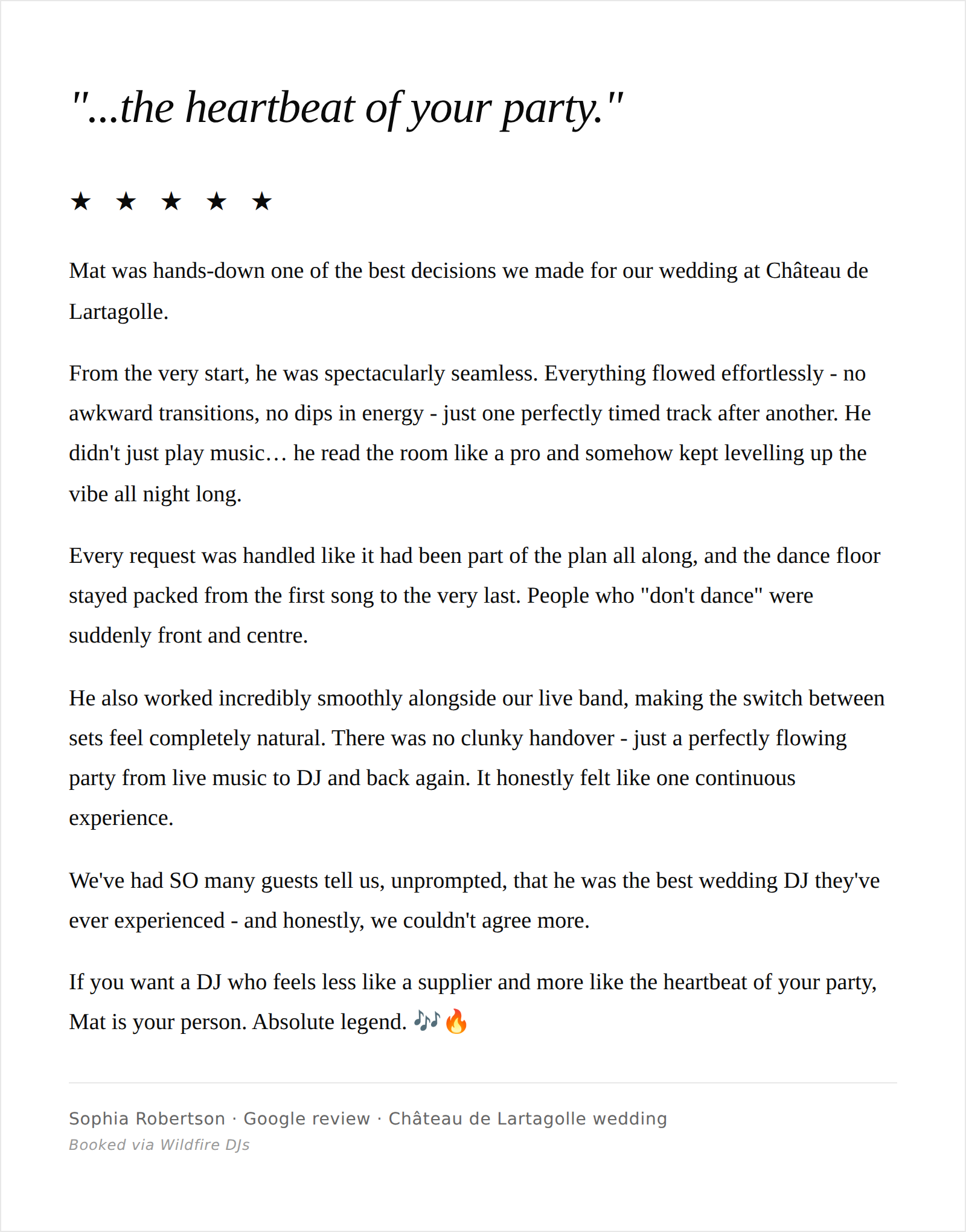 Screenshot of a Google review for Château de Lartagolle wedding, praising DJ Mat for his seamless performance and energy, with emojis of musical notes, a flame, and a star.