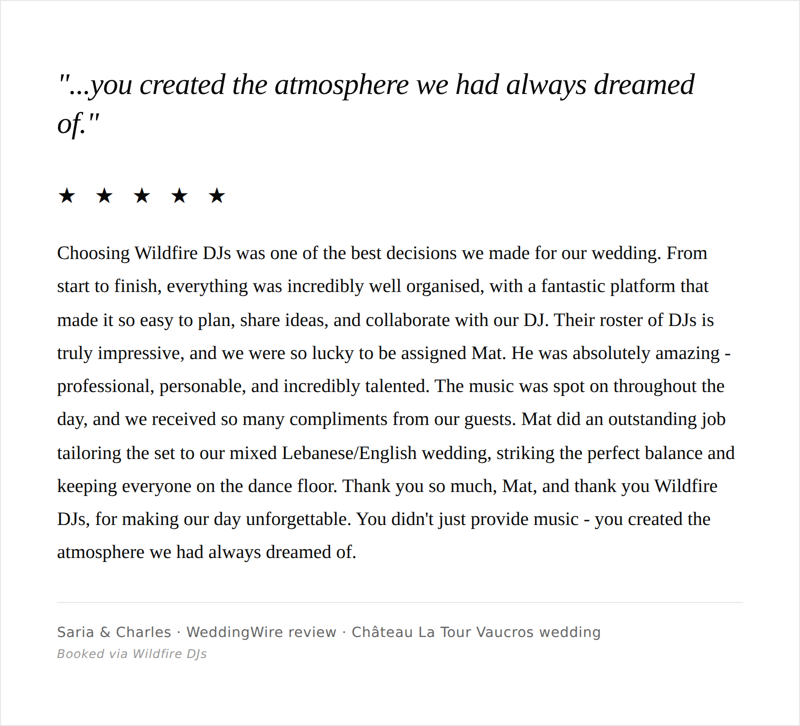 A wedding review article with quote text, five black stars, and a paragraph praising Wildfire DJs for their organization and music at the wedding. The article is titled 'Saria & Charles - WeddingWire review - Château La Tour Vaucros wedding' and ment