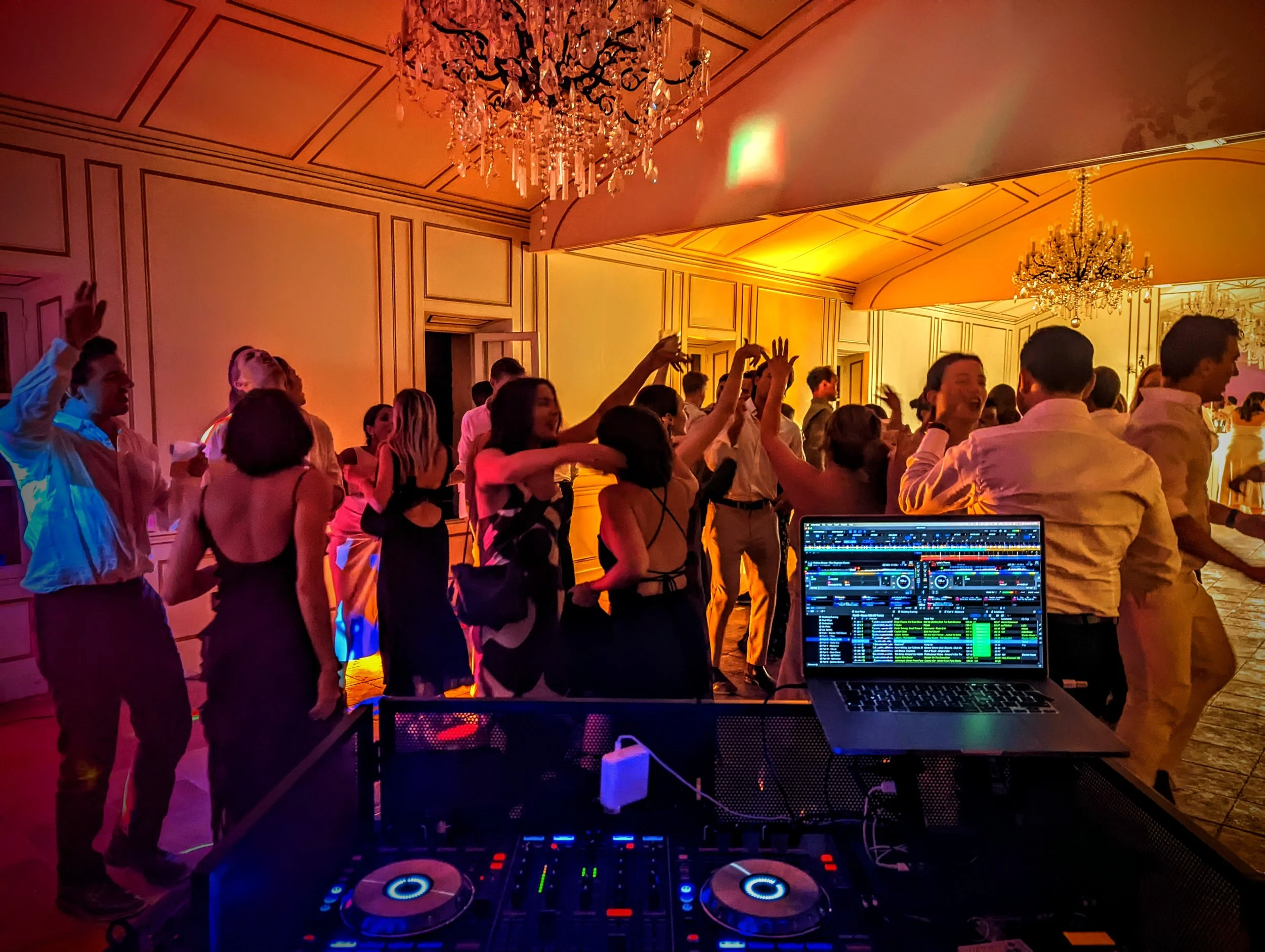 Packed dancefloor at destination wedding at Chateau Robernier,  Provence