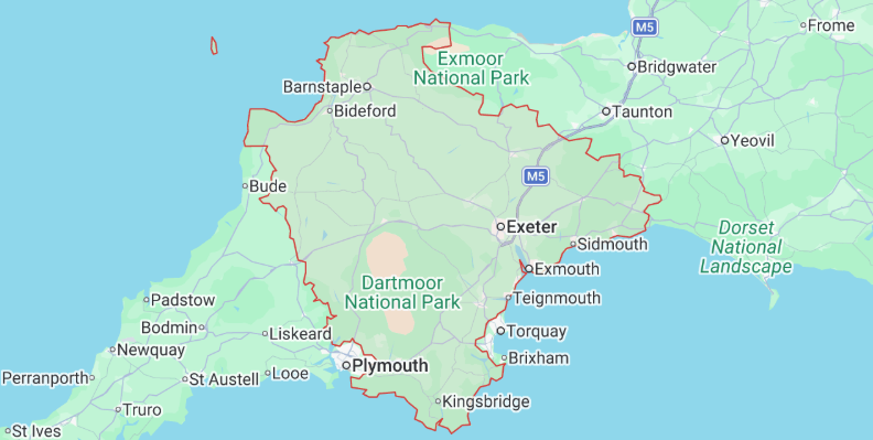 Map showing southwestern England including Exeter, Plymouth, and surrounding areas, with parks and national landscapes marked.
