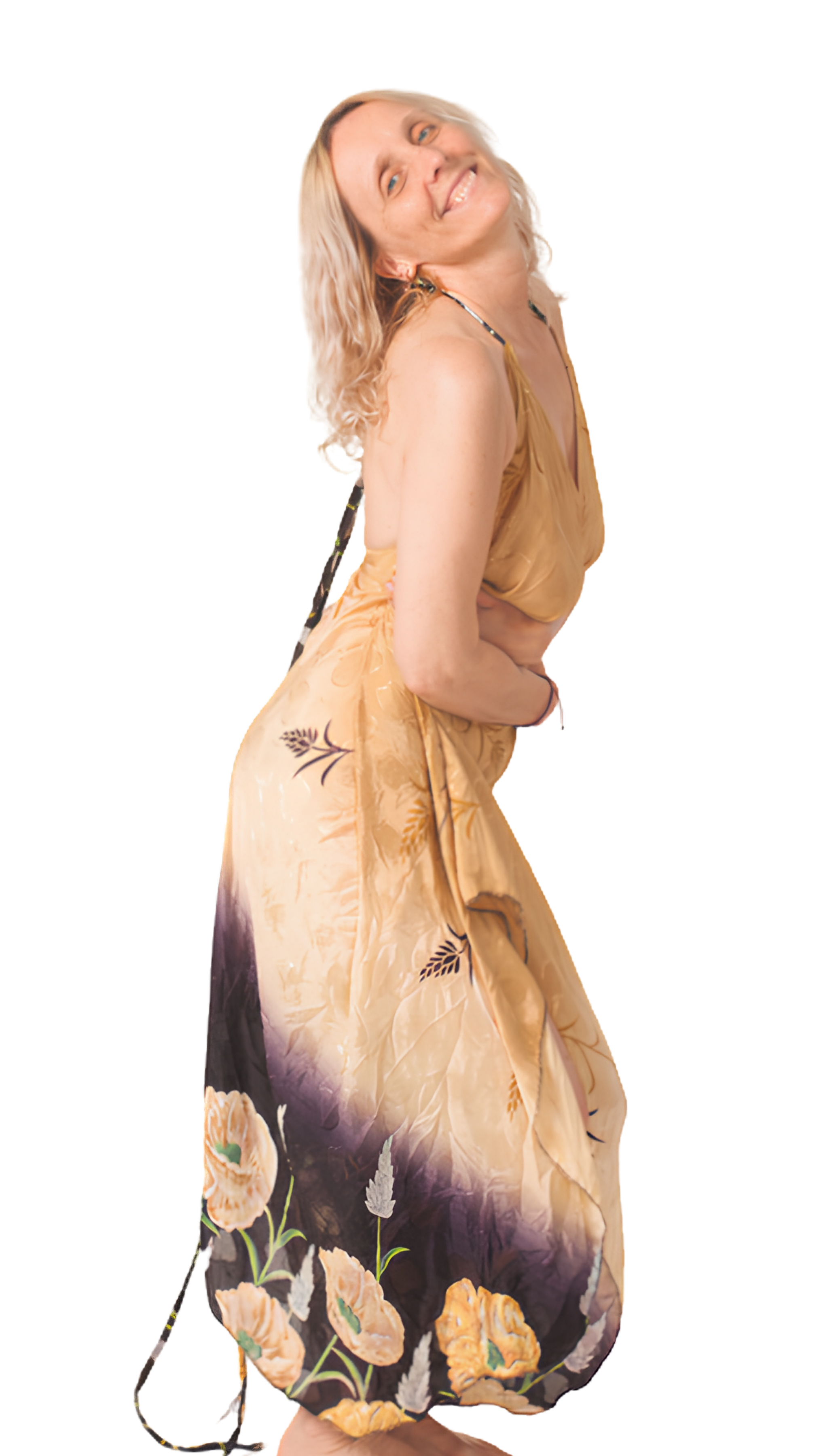 Annica Hill looking happy and alive in a nice silky dress.