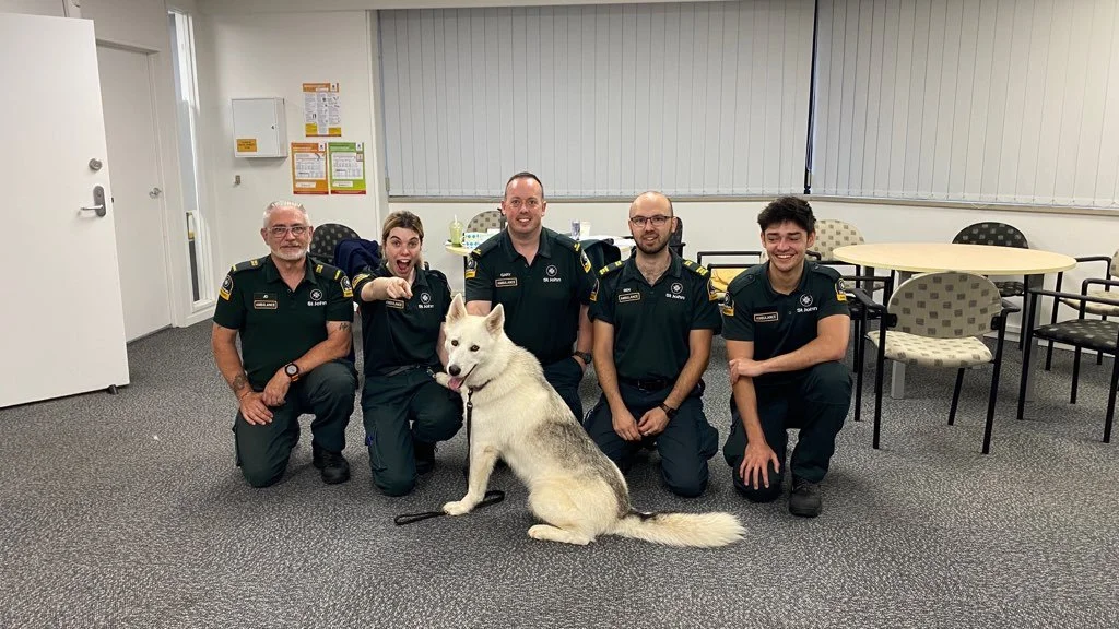 Five people in uniform kneeling with a white and gray husky dog inside an office or meeting room.