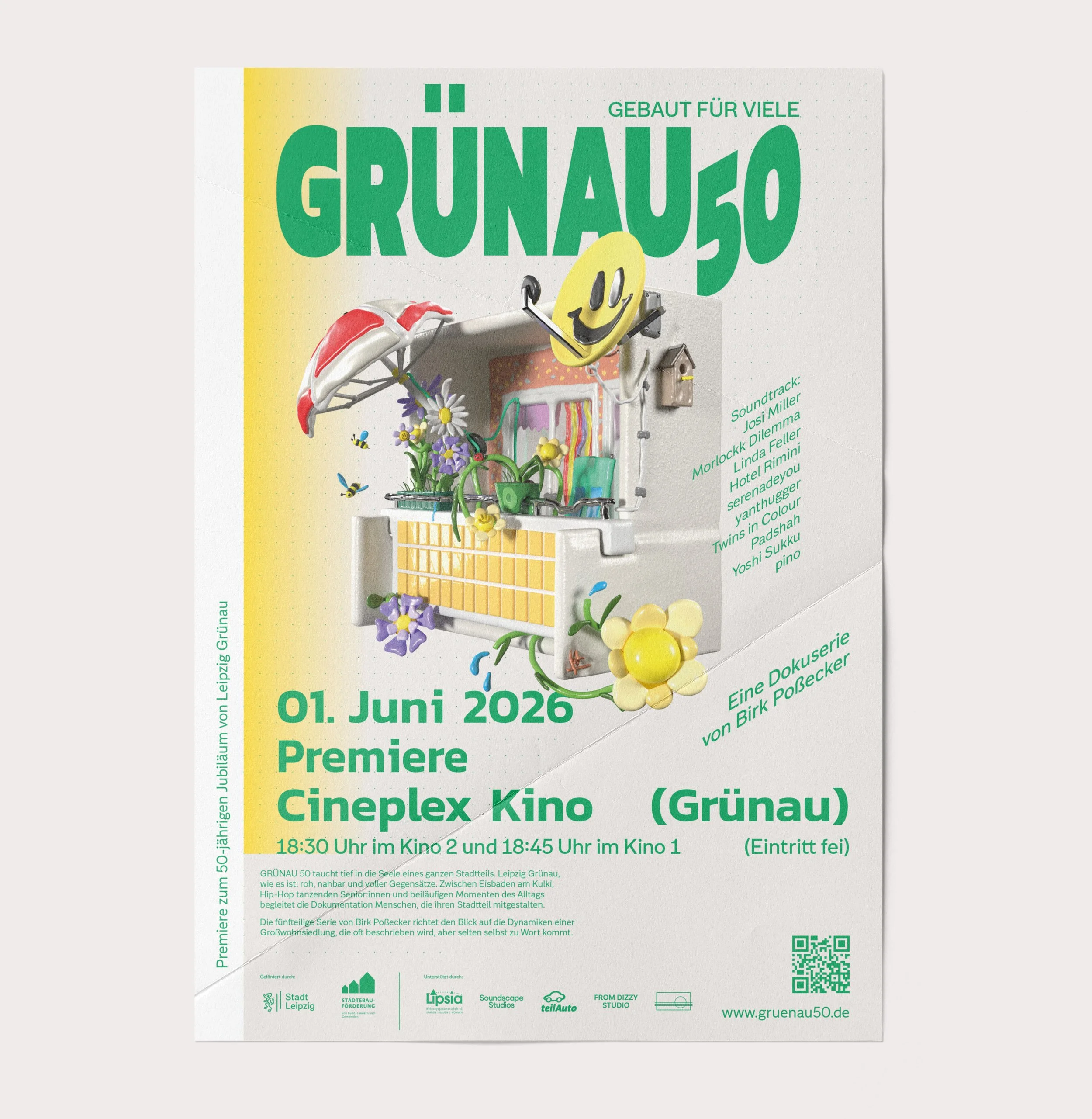 Event poster for the premiere of a documentary film in Leipzig, Germany, on June 1, 2026, featuring various sponsors and a QR code at the bottom.