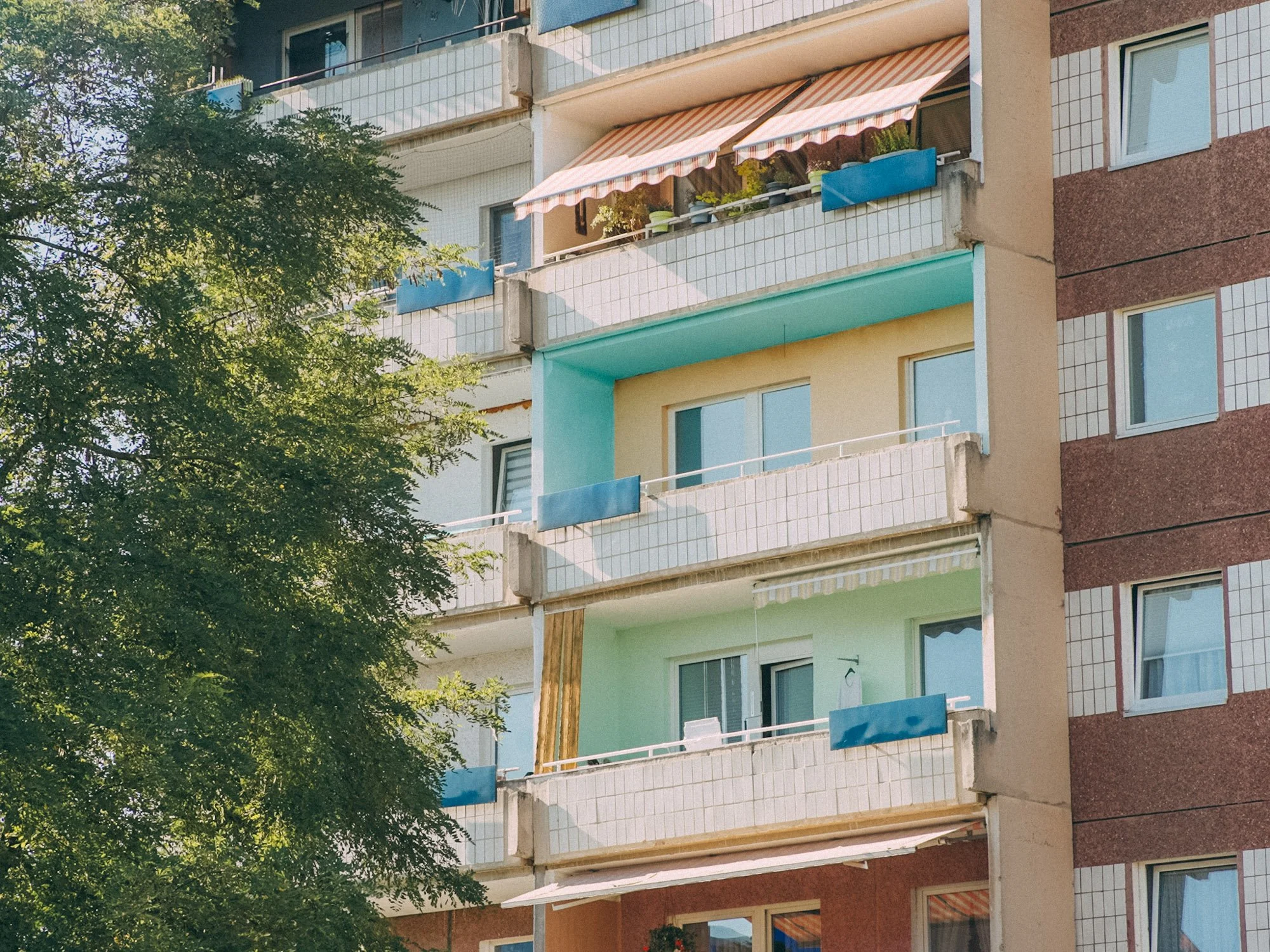 Multiple apartment balconies with colorful awnings, potted plants, and glass doors, partially obscured by a leafy tree on the left side.