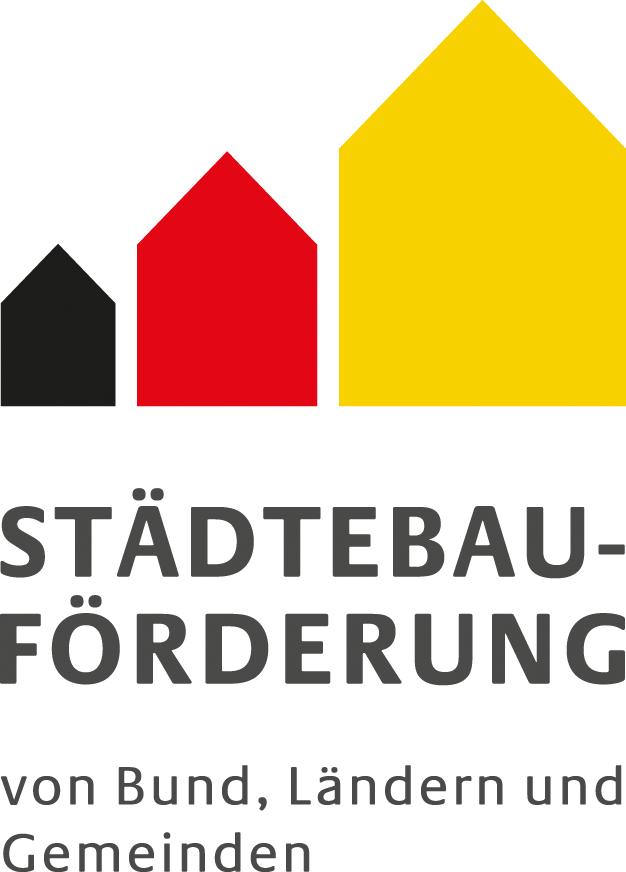 Graphic with three houses in black, red, and yellow, and German text promoting urban development funding from federal, state, and local governments.