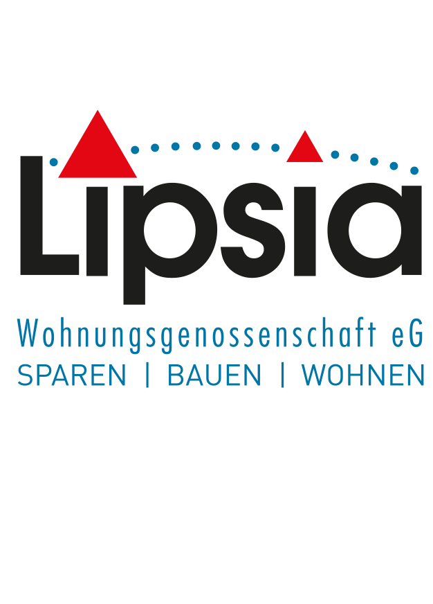 Logo of a housing cooperative with the name 'Lipsi' and red triangle symbols, with German text 'Wohnungsgemeinschaft eG' and words 'SPAREN | BAUEN | WOHNEN'.