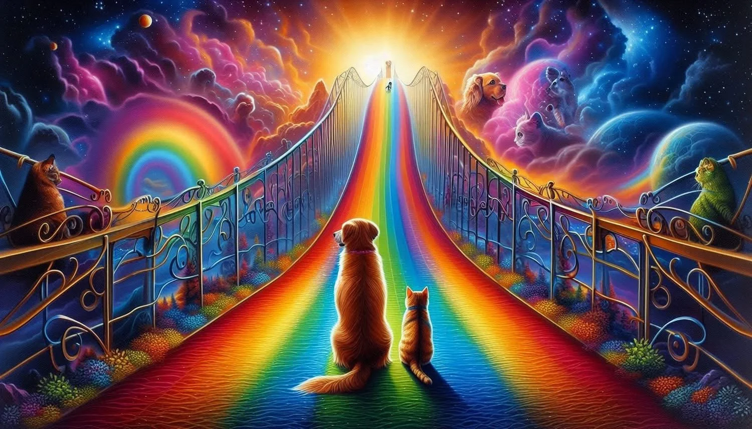 Colorful fantasy scene with a rainbow bridge leading to the sky, with animals including a dog, cats, and other creatures sitting on or near the bridge, surrounded by clouds and celestial elements.