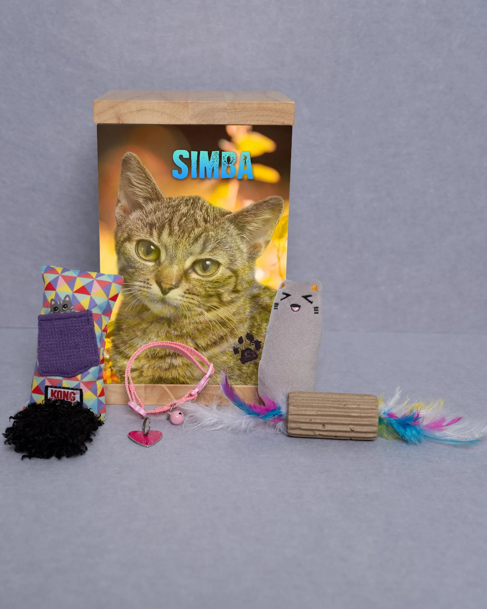 Collection of cat toys and accessories in front of a poster of a tabby cat with the name Simba, including a colorful pillow with a small cat face on it, a purple knitted pocket, a pink collar with a bell, a gray sock-like toy with a cat face, colorful feathers, and a small wooden block.