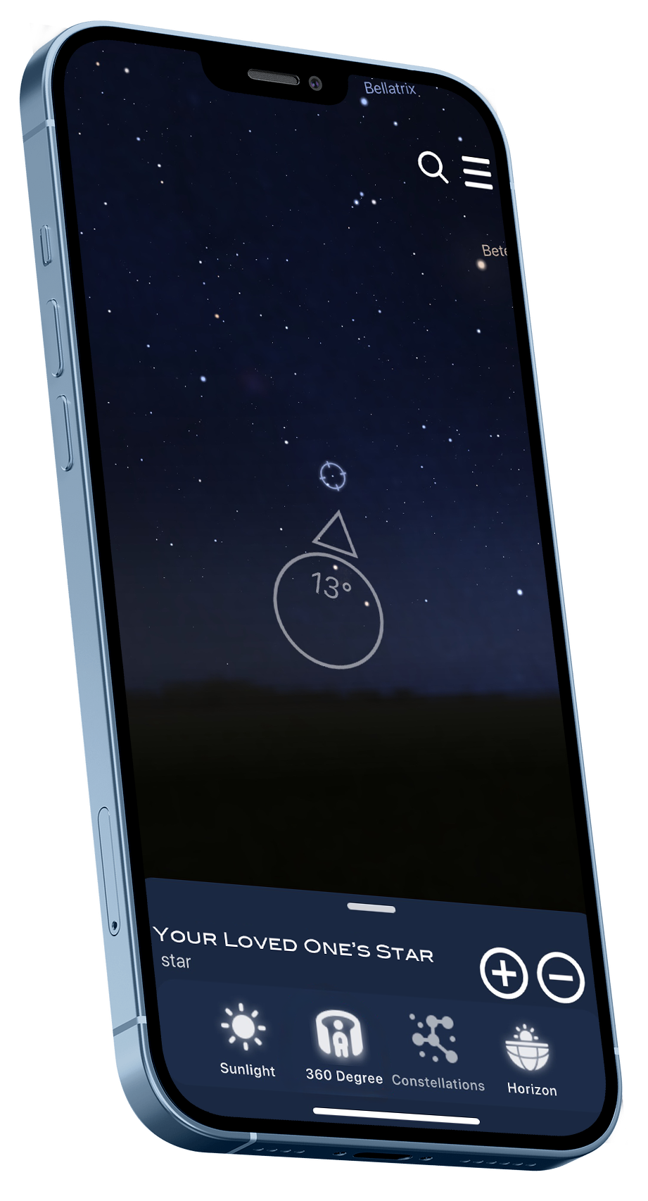 A smartphone displaying an astronomy app with a starry night sky, constellation outlines, and navigation icons for sunlight, 360-degree view, constellations, and horizon.