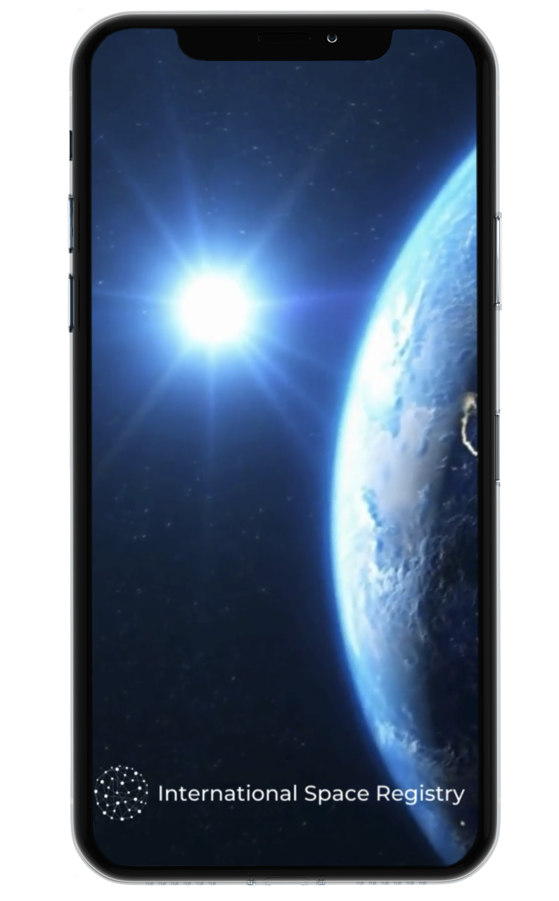Smartphone displaying an image of Earth from space with the sun shining, and the logo of the International Space Registry at the bottom.