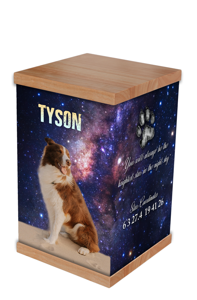 Secure, spacious pet cremation urn for large dogs (25–100 kg). Features room for ashes and cherished mementos like collars or paw prints. Includes inner bags.
