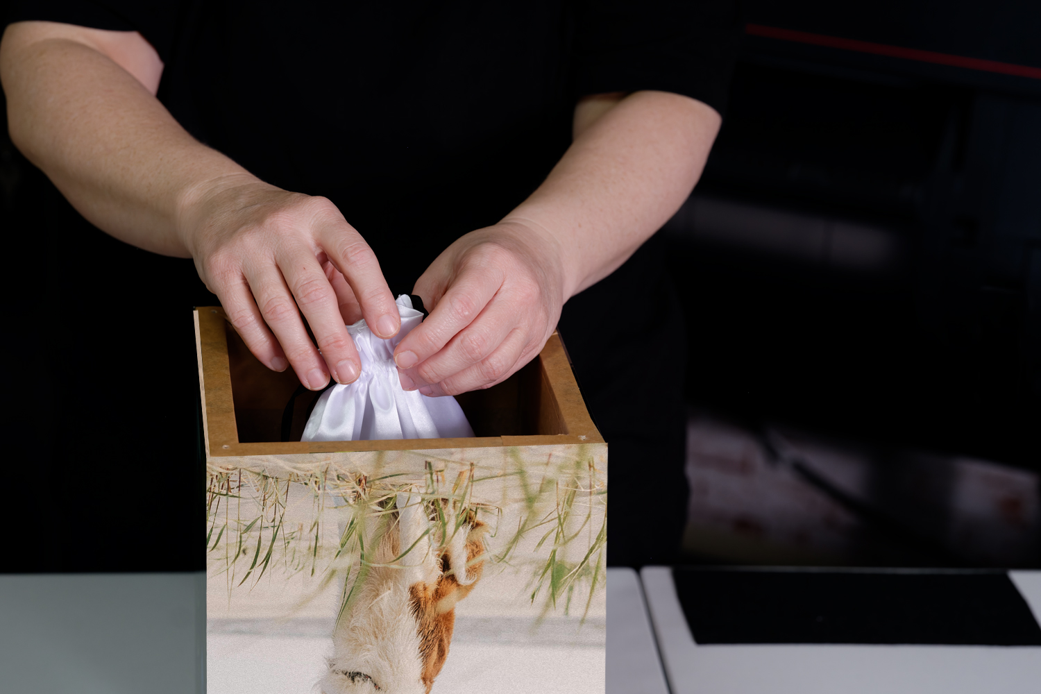 Person placing a white satin gift bag into a decorative box with a nature scene, including a butterfly and waterfall, on it.