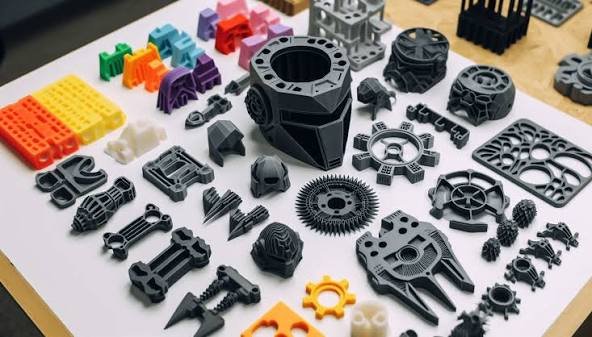 Various colorful and black plastic parts and components arranged on a white surface, likely for assembling a mechanical or electronic device.