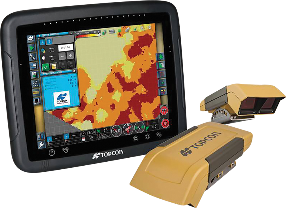 A touchscreen display of a TopCon agricultural GPS system with a color map and controls, alongside two yellow GPS correction modules, used for precision farming.