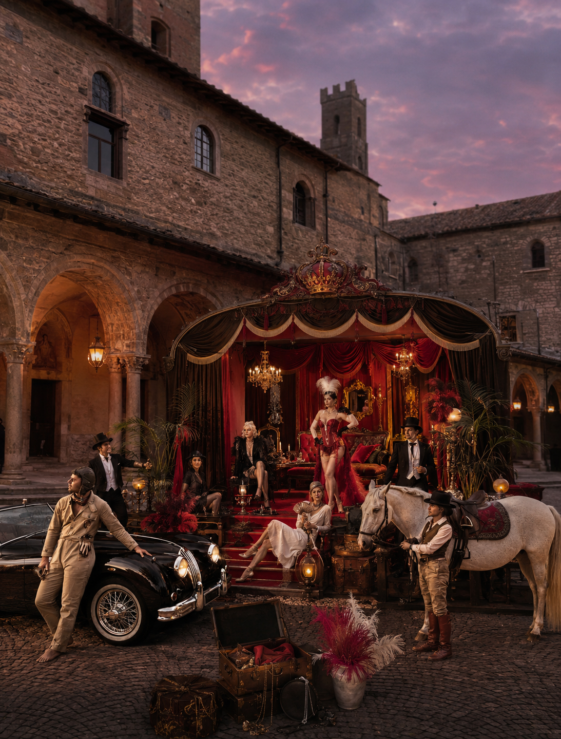 A theatrical street scene with vintage elements, including a black classic car, a horse, and performers dressed in historical costumes. The backdrop is an old stone building with arched walkways, and the scene is set against a sunset sky.