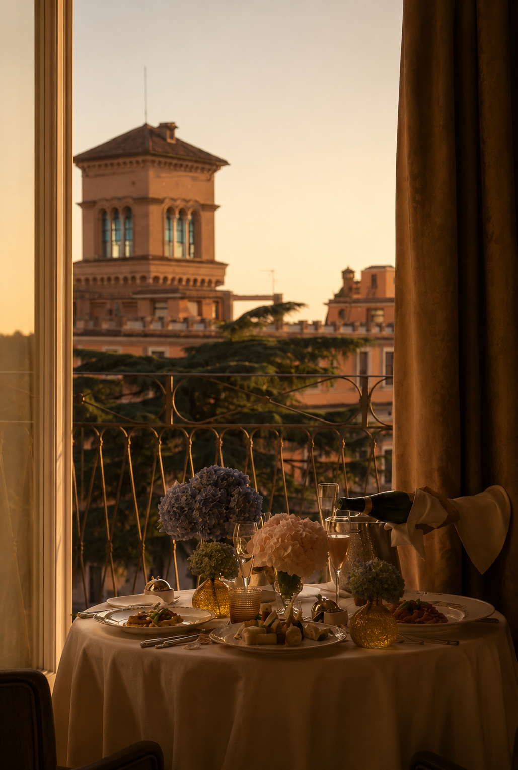 Elegant dinner setup on a round table with flowers, wine, and plates, overlooking a cityscape at sunset through a large window with curtains.