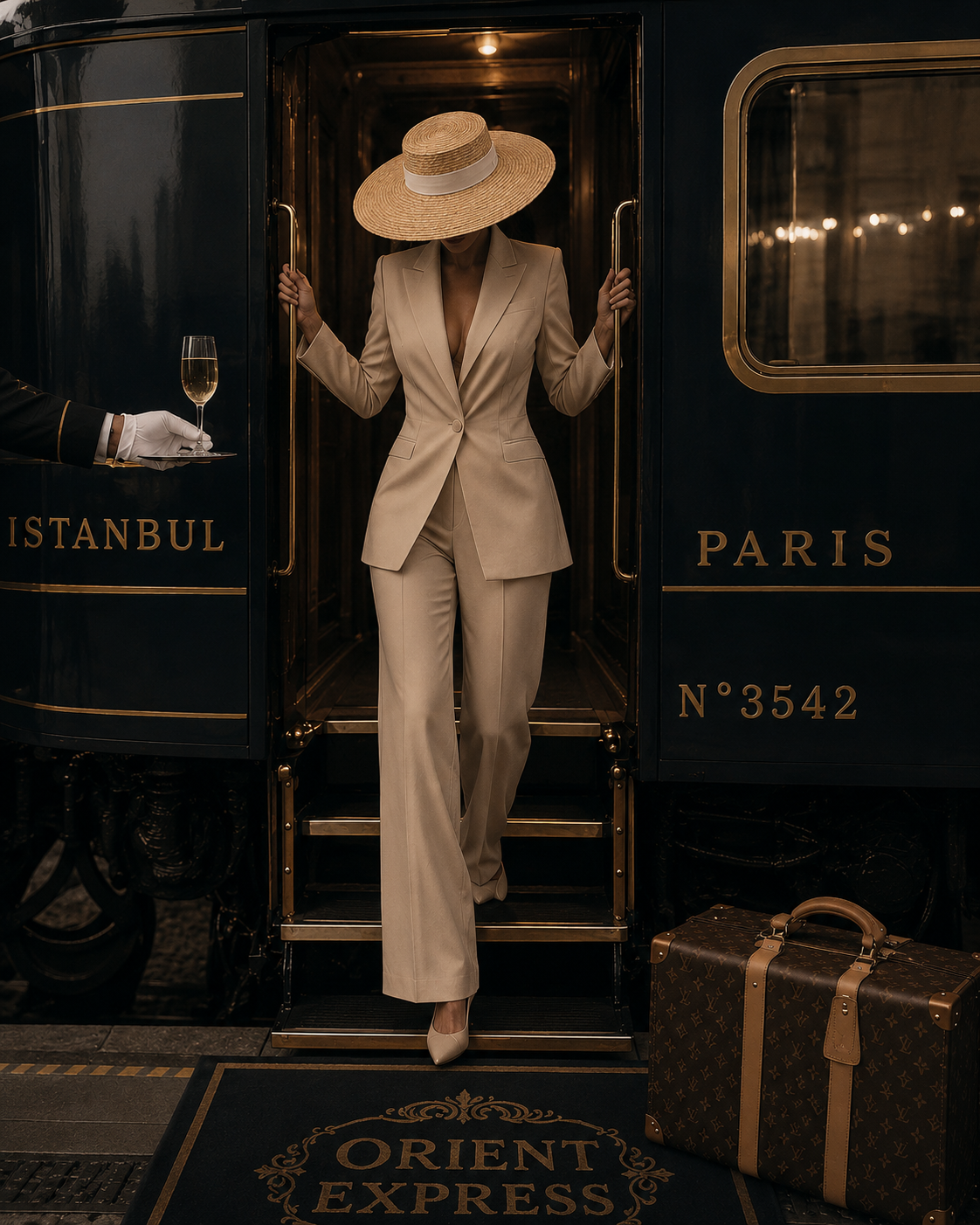 A woman in a beige suit and wide-brimmed hat disembarks from a dark train labeled 'Istanbul Paris No. 3542,' while an attendant offers her a glass of champagne. A Louis Vuitton suitcase is on the ground and an 'Orient Express' mat is at the platform.