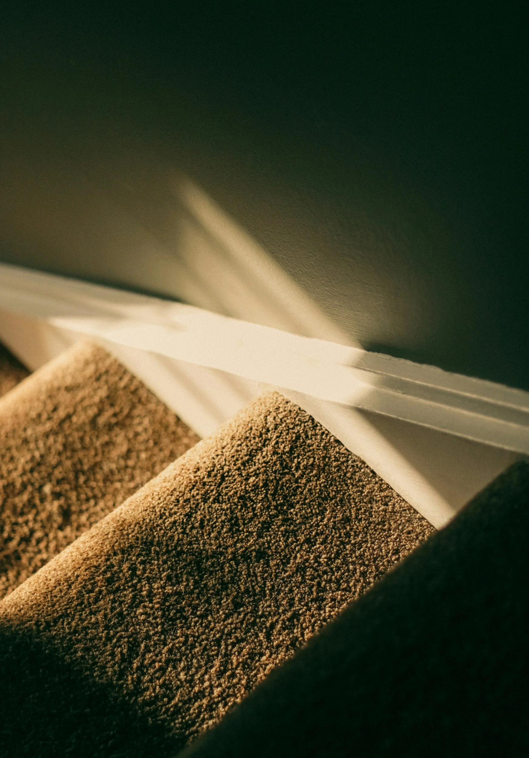 Close-up view of beige carpets on stair steps next to white baseboard trim and dark-colored wall.