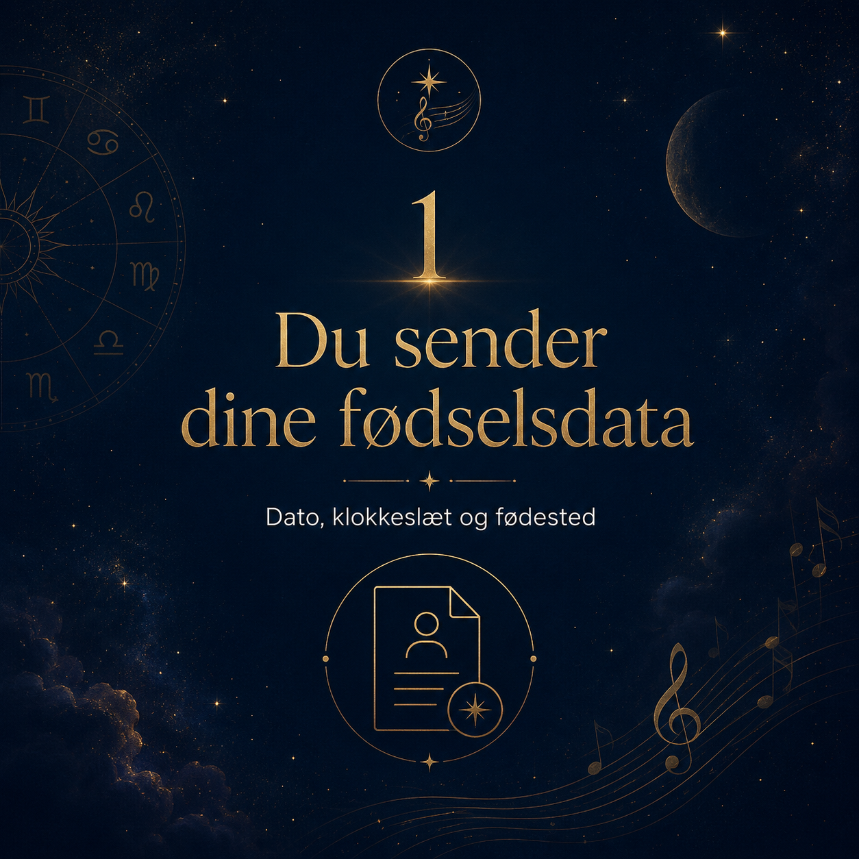 Billed med stjernehimmel, måne, astronomiske symboler og musiknoter, med tekst om at sende fødselsdata, dato, klokkeslæt og fødested.