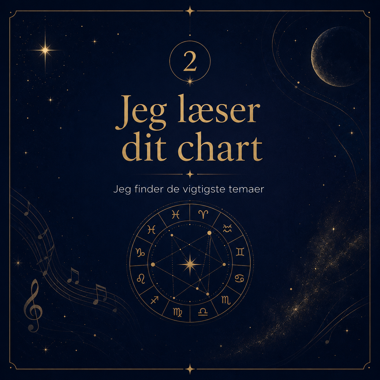 En mørkeblå baggrund med stjernehimmel og månesten, der indeholder tekst på dansk, der siger "Jeg læser dit chart" og forklarer, at man finder vigtige temaer, med astrologiske symboler og stjernemønster.