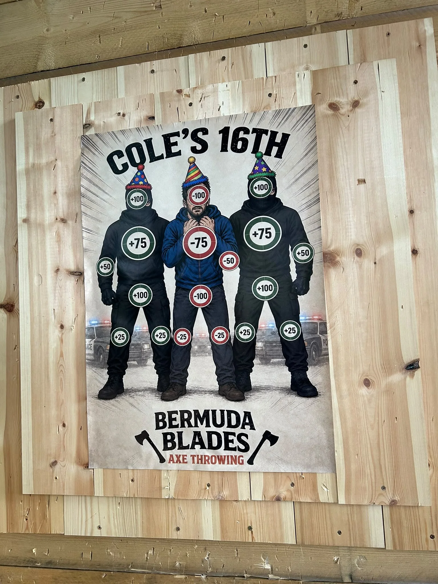 Custom birthday party target poster at Bermuda Blades