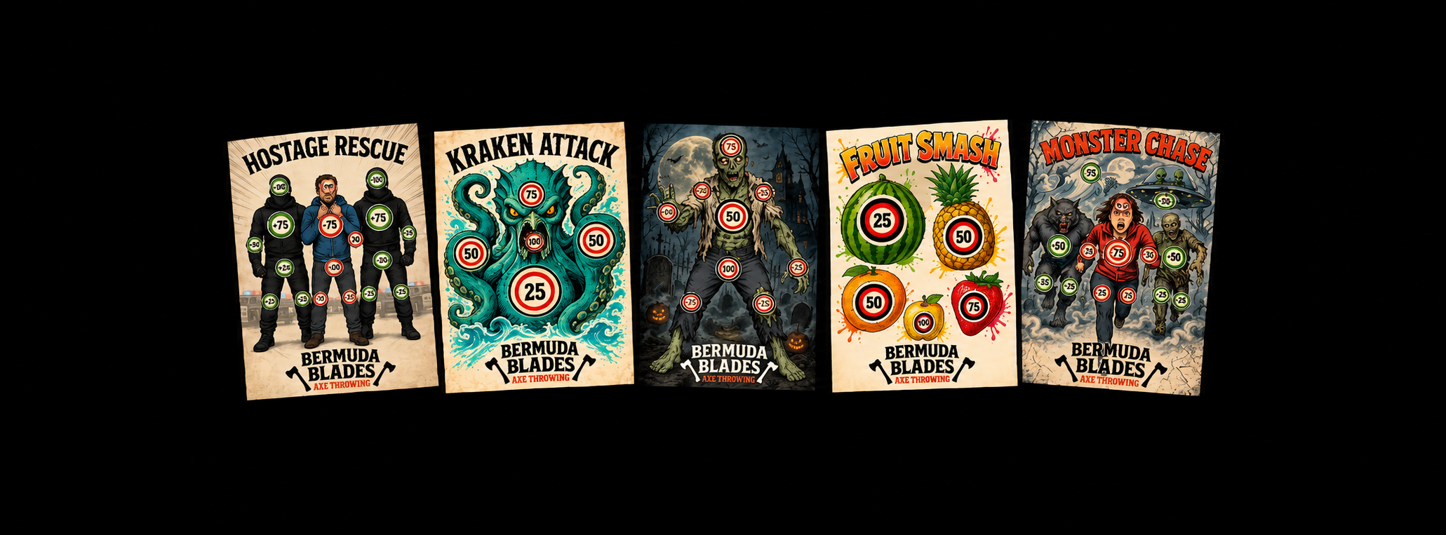 Five gaming cards with Halloween and monster themes featuring different characters and target points for each game under the Bermuda Blades Axe Throwing brand.