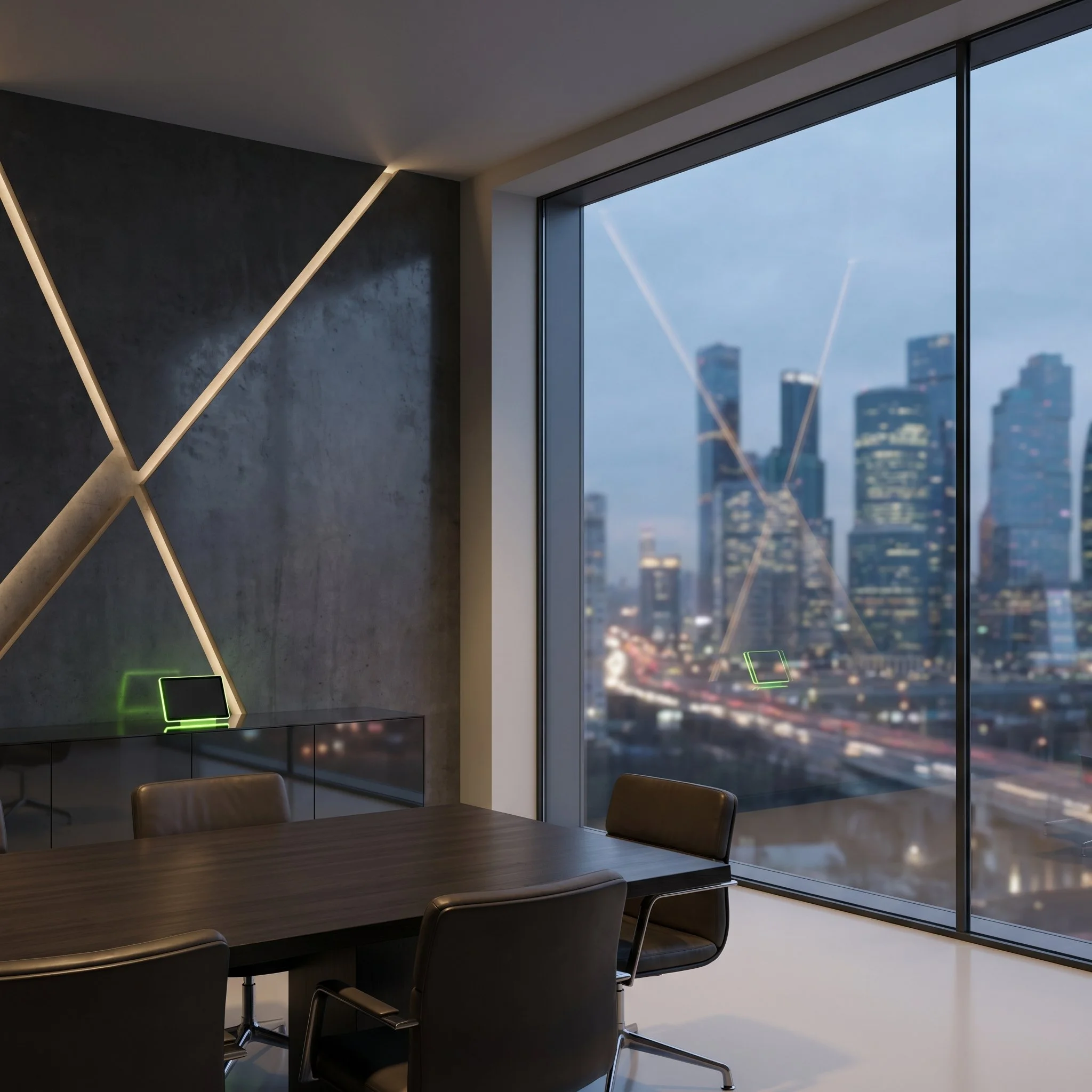 Minimalistischer, moderner B2B-Besprechungsraum mit High-Tech-Beleuchtung. Symbol für professionelle Projektanfragen, digitales Interim-Management, Strategieberatung für den Mittelstand und IT-Consulting von FOURWARD Consulting.