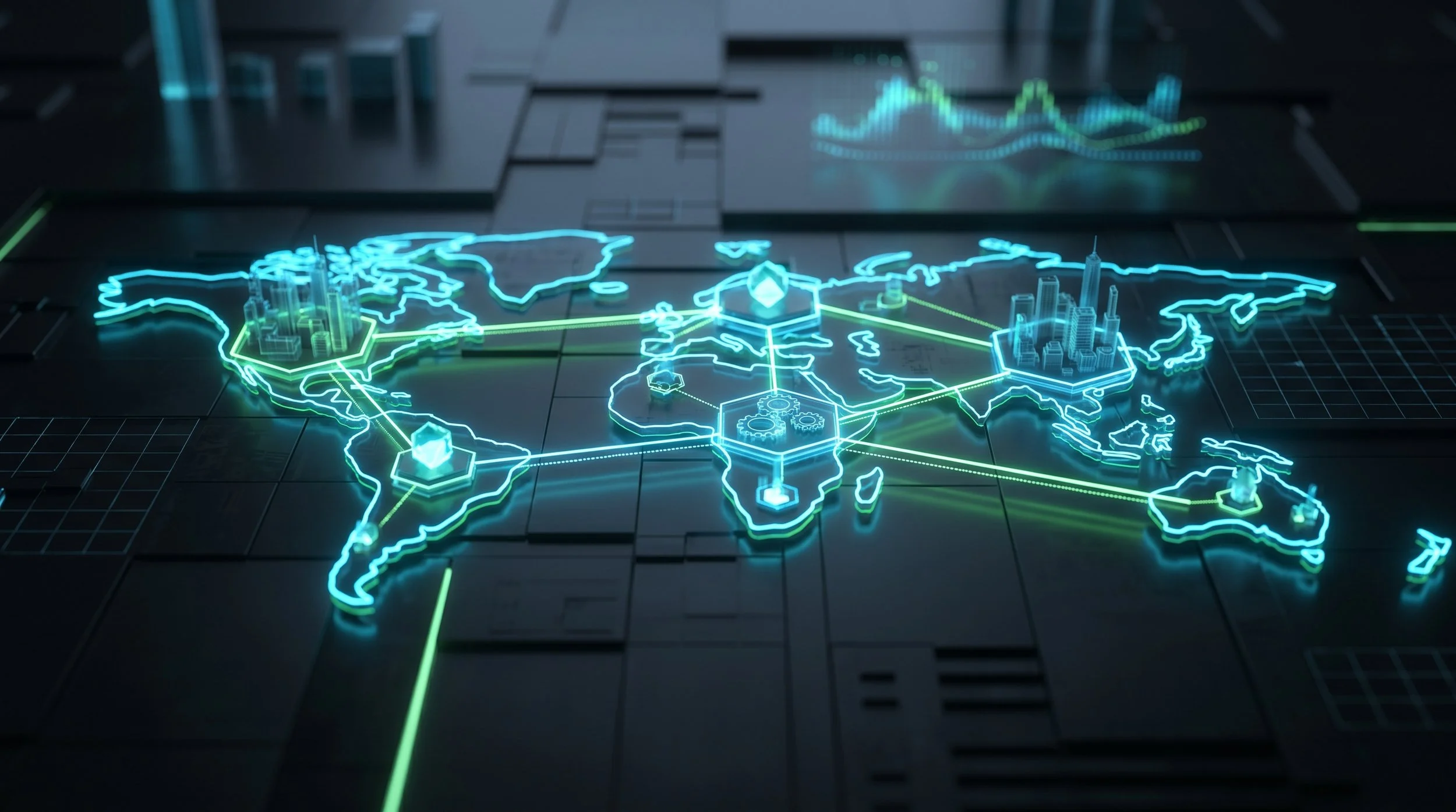 Eine dunkle, futuristische Weltkarte mit leuchtenden, vernetzten Datenknotenpunkten in Neon-Grün und Cyan. Symbolisiert globale B2B-Vertriebsstrategie, digitale Supply-Chain-Optimierung, Omnichannel-Netzwerke und strategische Unternehmensberatung