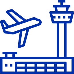 Icono de un avión y una torre de control en estilo lineal azul.