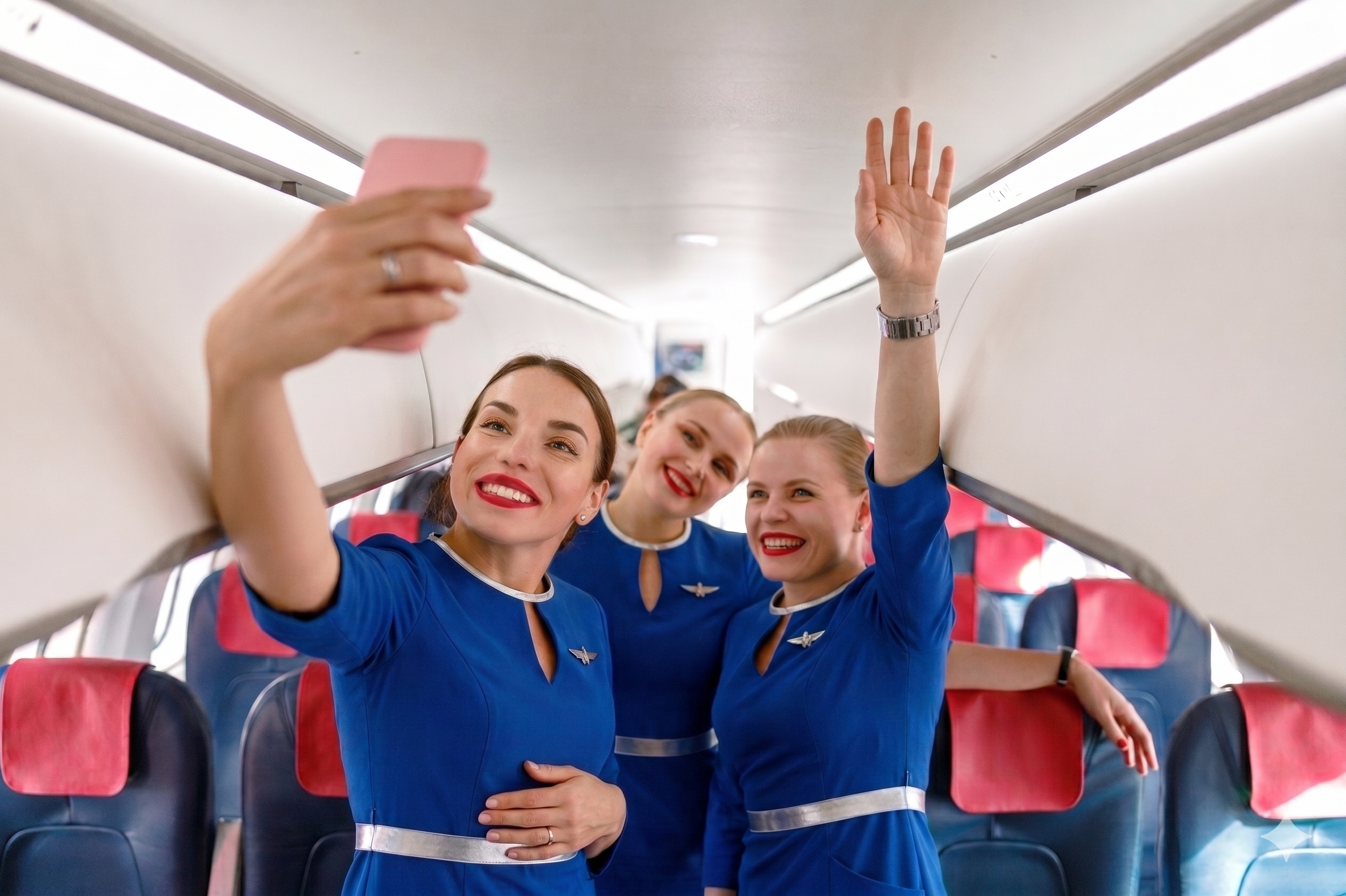 Mujeres en uniforme azul tomándose una selfie en el pasillo de un avión, algunas con sonrisa y una saludando.