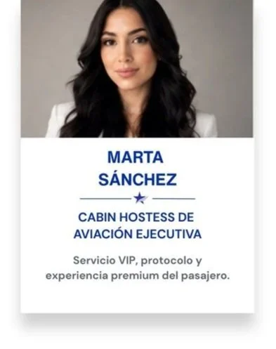 Tarjeta de presentación con la imagen de una mujer de cabello oscuro, y texto que indica que Marta Sánchez es cabina hostess de aviación ejecutiva, ofreciendo servicio VIP, protocolo y experiencia premium del pasajero.