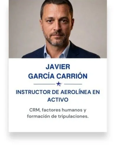 Tarjeta de presentación de Javier García Carrión, instructor de aerolínea en activo, con experiencia en CRM, factores humanos y formación de tripulaciones.